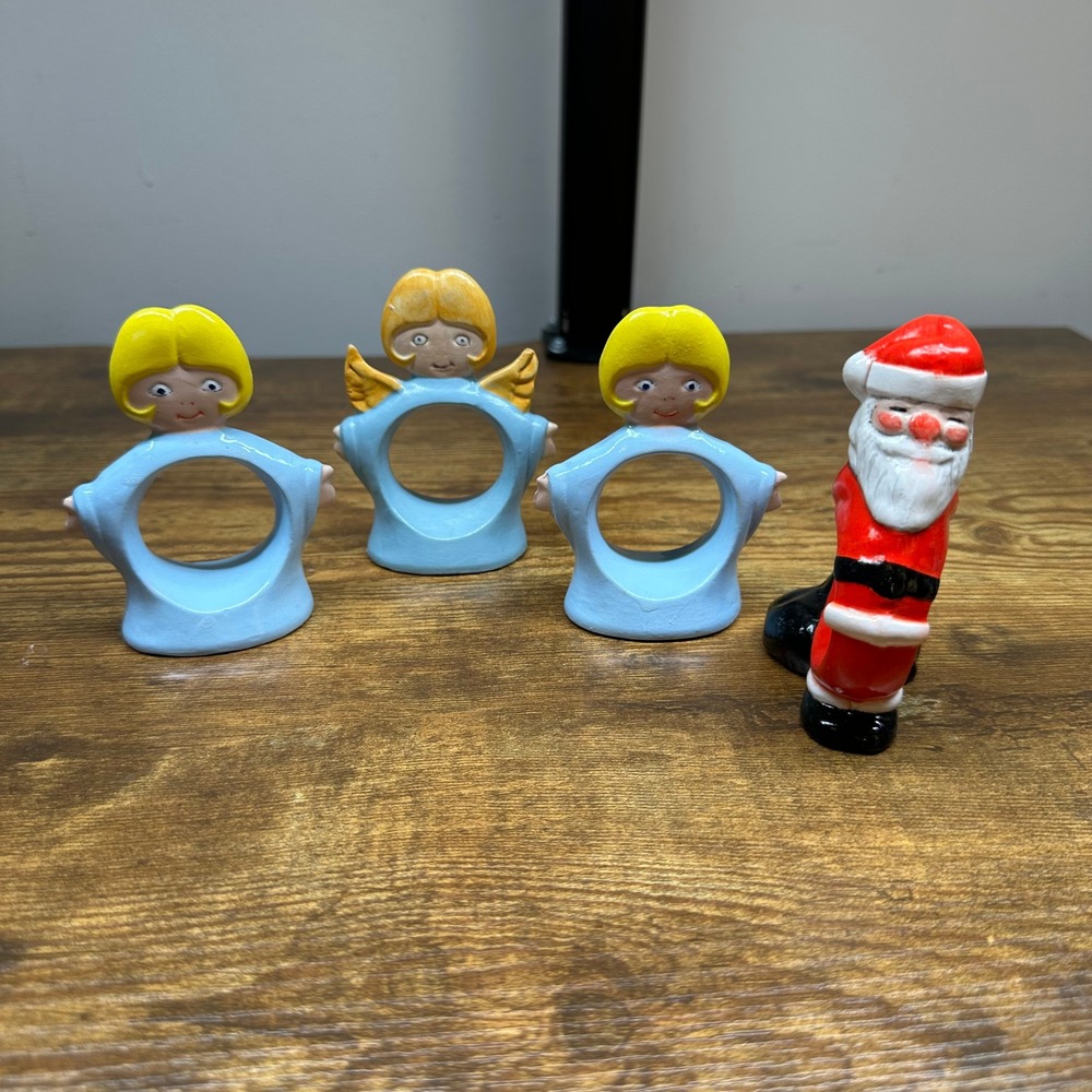 Vintage Christmas Ceramic Napkin Rings Set of 4 Santa Claus and Angels Blue Red